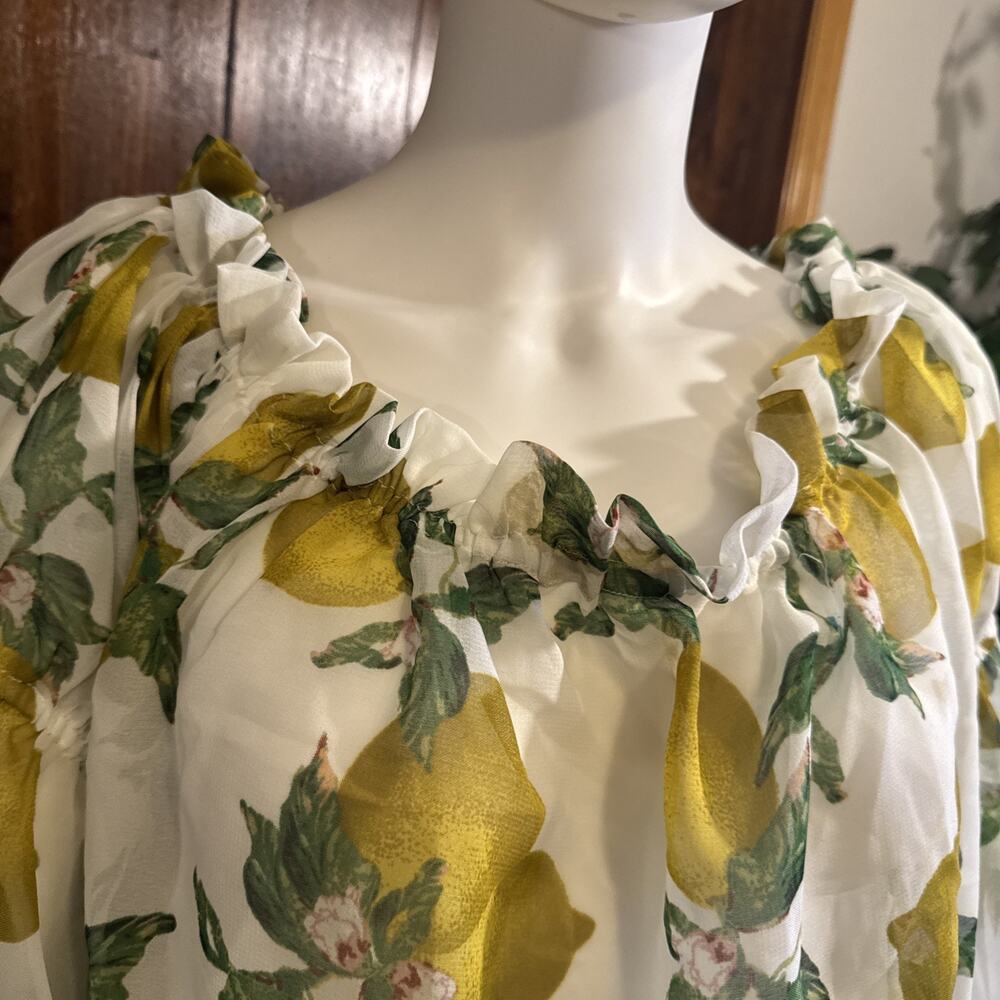 Ashley Stewart Sheer Lemon Print Off Shoulder Blouse Top 14/16 Plus Flowy Sleeve - Picture 4 of 10